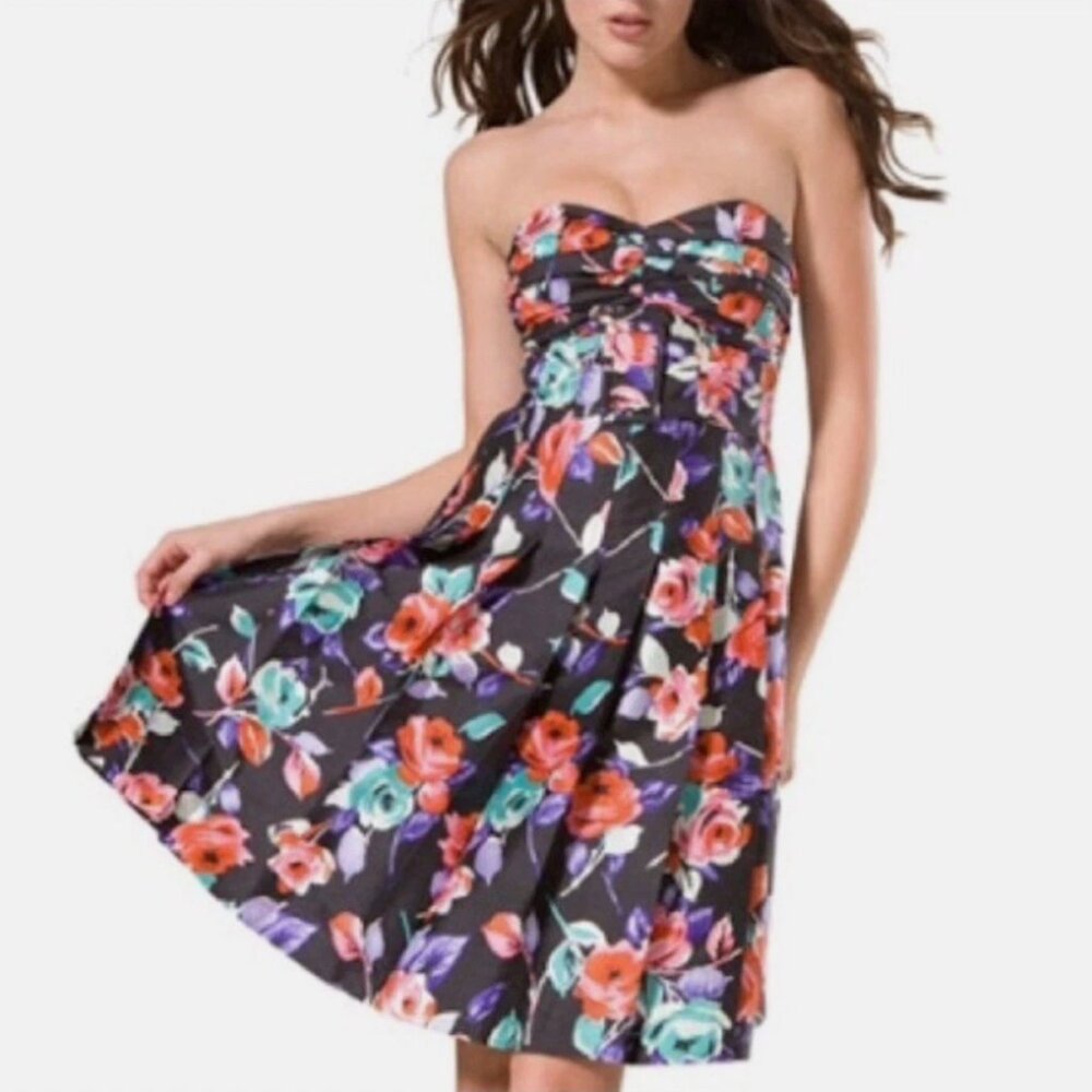 Express Women 100% Silk Strapless Floral Dress Belted Evening Party Size 2 -s19
